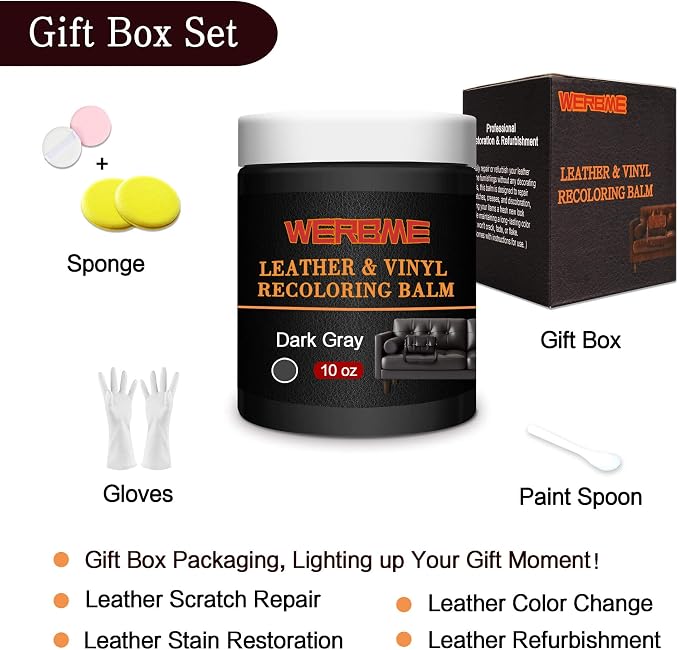 Leather Recoloring Balm & Color Restorer - 10 OZ, Dark Gray | Restore Faded Leather Color, Cover Scratches & Scuffs. Easy DIY Application for Furniture, Sofa, Car Seats, Bags & Shoes