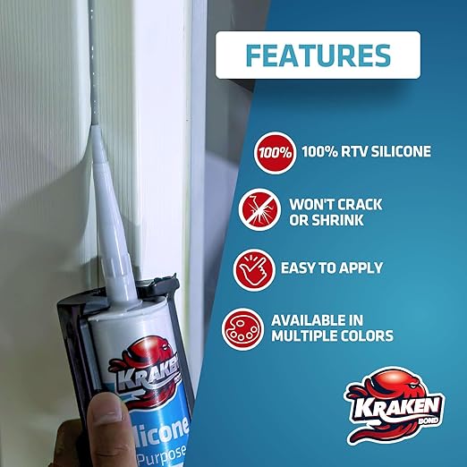Kraken Bond Clear Silicone Sealant Waterproof% 100-10 fl oz Cartridge - RTV Silicone Caulk Kitchen and Bathroom, All Purpose, Window Caulking Sealant Outdoor, RV, Exterior Use Silicon - 1 Pack