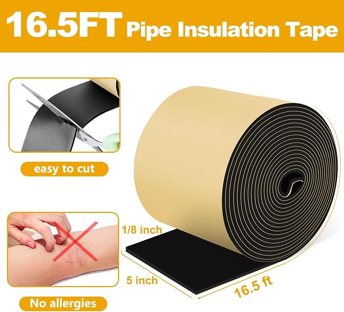 DEMEDO Pipe Insulation Tape, Pipe Wrap Insulation Foam Tape Self Adhesive, Outdoor Water Pipe Insulation Roll for HVAC, AC Line Insulation, 5 inch x 16.5 FT Heat Tape for Water Pipe, Black