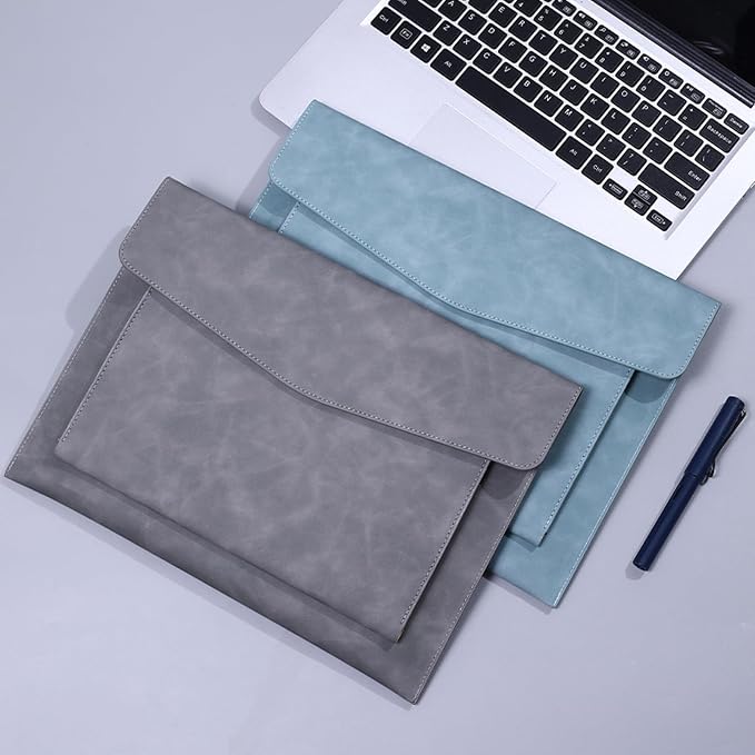 PU Leather A4 File Folder Document Holder with 2 Compartments Envelope Folder Case with Snap Closure for Receipt Contract (Blue)