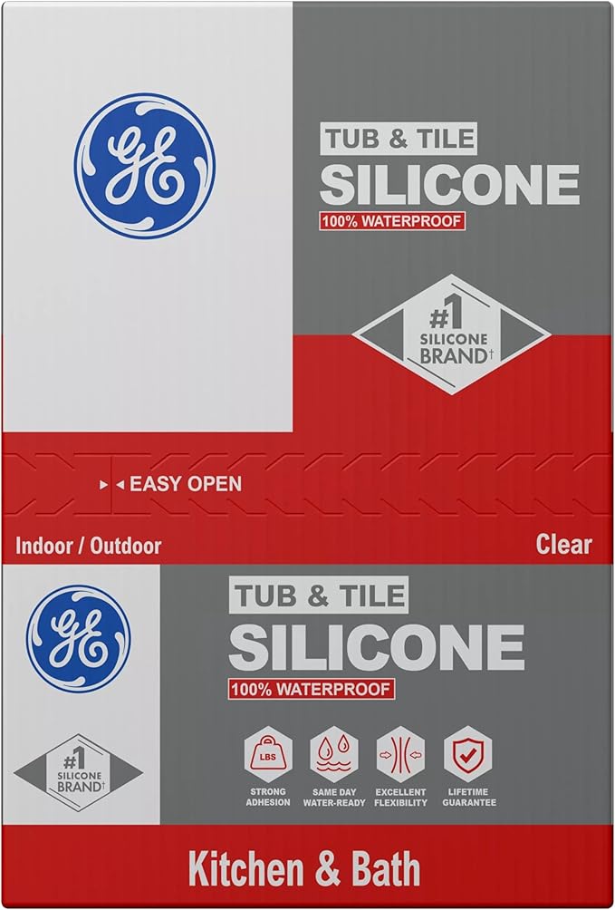 GE Tub and Tile Silicone Caulk for Kitchen and Bathroom -100% Waterproof Silicone Paste, Excellent Flexibility, Shrink and Crack Resistant - 10oz Cartridge, Clear, Pack of 12
