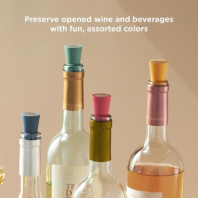 Rabbit Wine Bottle Stoppers Set of 4 - Airtight Rubber and Stainless Steel Reusable Wine Stoppers for Wine Bottles, Assorted Colors, Dishwasher Safe