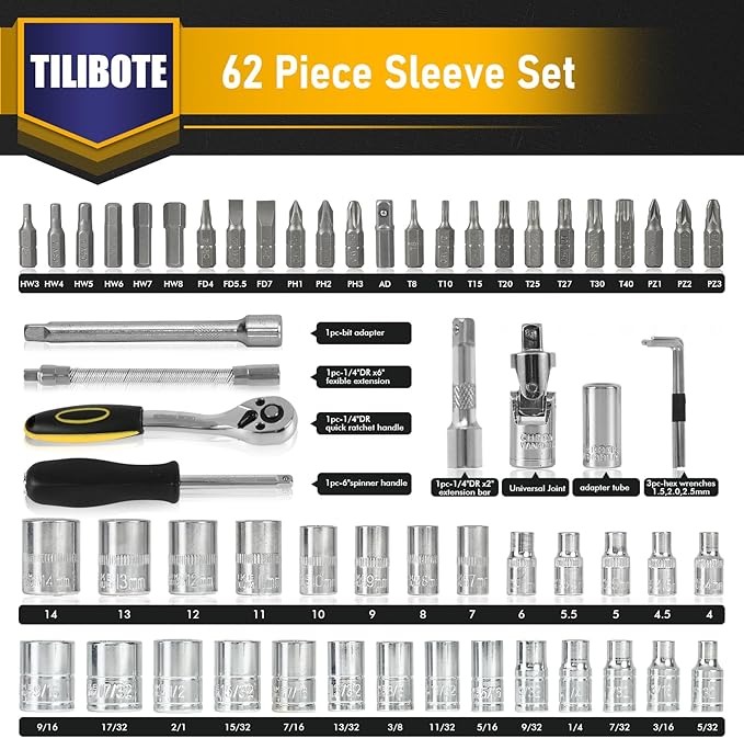 TILIBOTE Socket Wrench Set, 62PCS 1/4" Ratcheting Wrench Set With 72 Tooth count Ratchet, SAE & Metric From 5/32" - 9/16 ", 4mm - 14mm,tool Set For home And car,motorcycle,bike Repair