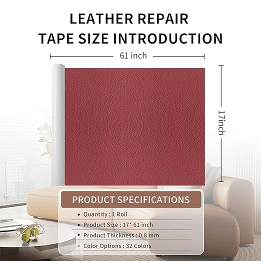 Leather Repair Patch Tape, Claret 17 x 61 Inches Self Adhesive Leather Repair Kit for Furniture, Car Seat,Vinyl Leather Repair Kit for Office Chairs, Bags, Luggage