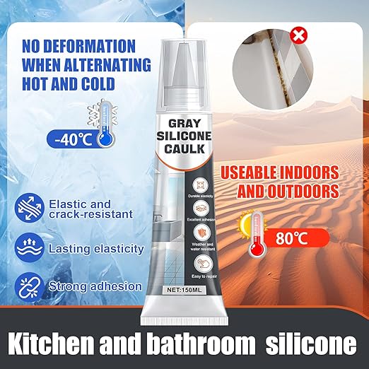 Gray Silicone Caulk, Waterproof Silicone Sealant, Weather Resistant & Flexible for Kitchen and Bath, Shower, Tub, Window, Shrink & Crack Proof Indoor & Outdoor Use Caulk, 150g