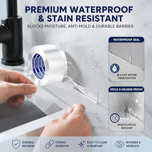 ZOMPAGO Caulk Tape 2Roll,1.4in X 33FT Clear Waterproof Self Adhesive Caulking Tape Peel and Stick Caulk Strip for Bathroom Bathtub Toilet Kitchen Vanity Stain Resistant