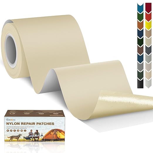 Cahomo 3x79 Inch Nylon Repair Patch Nylon Repair Tape Self Adhesive Fabric Tapes Outdoor Camping Gear Fabric kit for Tent, Umbrella, Down Jackets, Sleeping Bag, Knapsack（Beige Yellow）