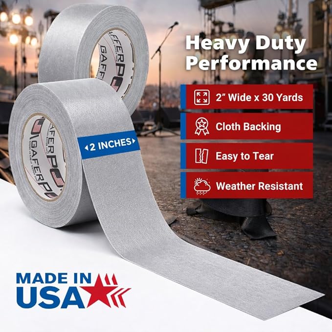 Gaffer Power Proudly Made in The USA, Real Professional Grade Gaffer Tape, Heavy Duty Gaffers Tape, Non-Reflective, Multipurpose. 2 Inches x 30 Yards, Grey
