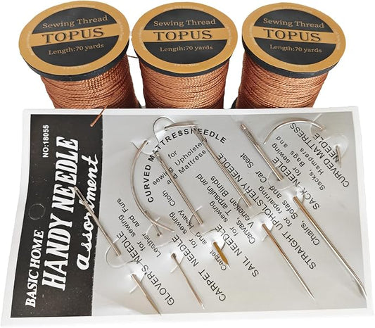 Topus Extra Strong Upholstery Repair Sewing Thread Kit and Heavy Duty Household Hand Needles, Including 7 Styles of Leather Canvas Sewing Needles and 3 Rolls Nylon Thread (70 Yard of Each Roll), Brown