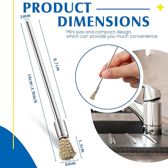 Lounsweer 10 Pcs Wire Brush Extended Cleaning End Brushes Pen Wire Scrub 3 mm Mandrel Rust Paint Removal Bits Polishing Rotary Tool Accessories, 6 mm End Scrub(Copper)