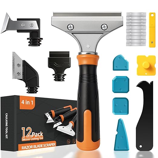 4 in 1 Caulking Tool Kit, Multi-Function Caulk Remover Tool, Grout Removal Tool, Silicone Sealant Cleaner for Bathroom, Shower, Tile, Window, Household Caulk Kit(Orange)