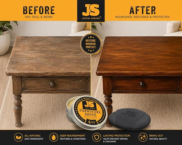 Furniture Salve for leather, leather cleaner and conditioner, leather repair kit, shoe polish kit, wood restorer for furniture, bees wax furniture polish and cleaner 8 oz
