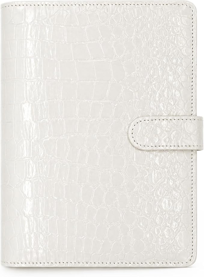 Convend A5/A6 Refillable 6 Ring Binder Cover, Crocodile-Textured PU Leather Notebook Binder with Hidden Snap Closure, Planner Organizer, (White)