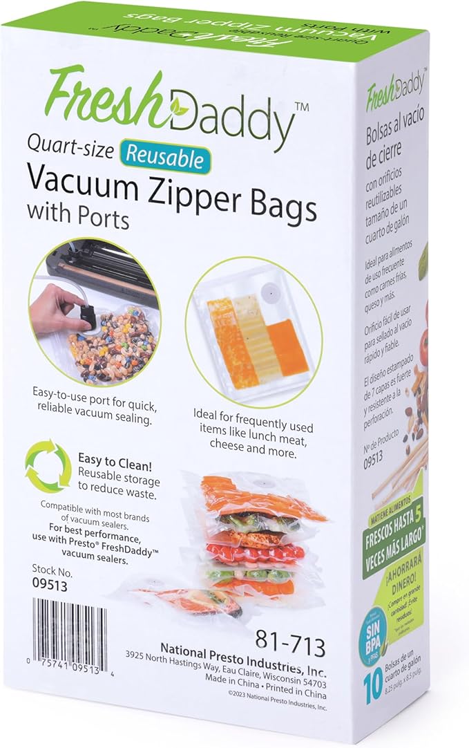Presto 09513 FreshDaddy Vacuum Zipper Bags with Ports, Quart-Size