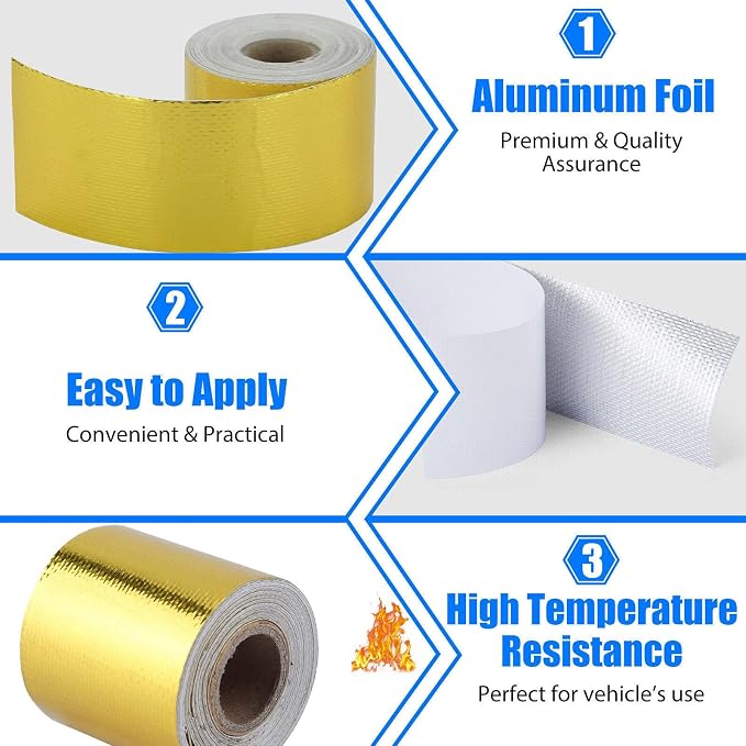 Xinhan (Gold,Silver,Black) Aluminum Foil Heat Shielding Tape High Temperature Heat Reflective Adhesive Backed Tape Compatible With Car Intake Pipe Engine Bay Hoses Wires Etc (Gold, 2in x 30ft)