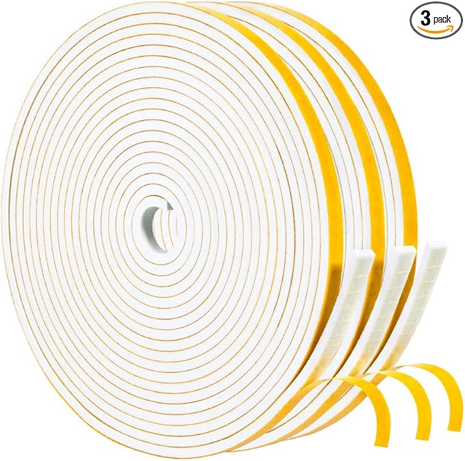 Yotache White Doors Windows Weather Stripping 1/4" x1/8", Foam Insulation Sealing Gasket Tape for Doors, Sliding Door, Total 50 Feet Long (3 X 16.5 Ft Each)