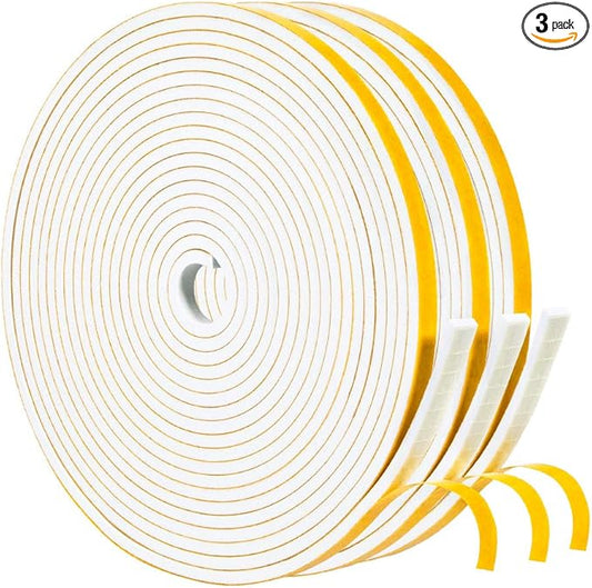 Yotache White Doors Windows Weather Stripping 1/4" x1/8", Foam Insulation Sealing Gasket Tape for Doors, Sliding Door, Total 50 Feet Long (3 X 16.5 Ft Each)