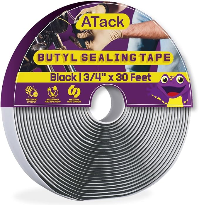 ATack Black Butyl Seal Tape 1/8-Inch x 3/4-Inch x 30-Foot Leak Proof Putty Tape for RV Repair, Window, Boat Sealing, Glass and EDPM Rubber Roof Patching