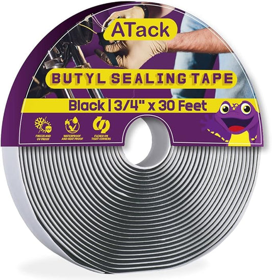 ATack Black Butyl Seal Tape 1/8-Inch x 3/4-Inch x 30-Foot Leak Proof Putty Tape for RV Repair, Window, Boat Sealing, Glass and EDPM Rubber Roof Patching