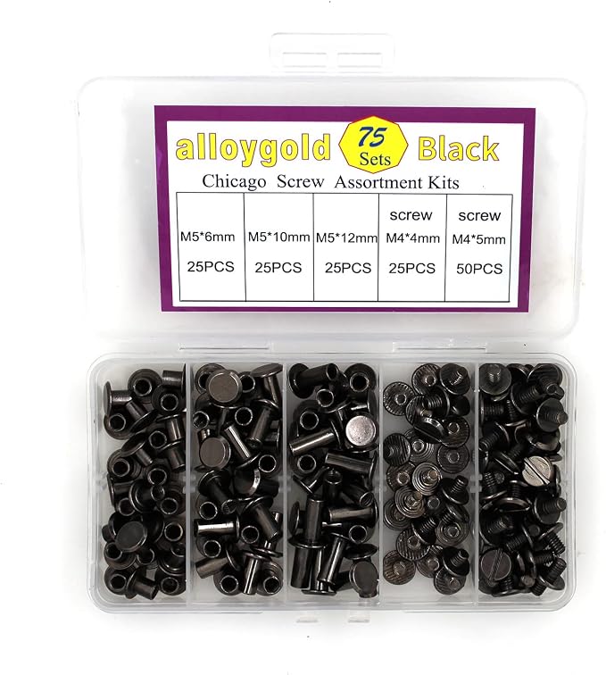 75 Sets Black Chicago Screws 1/4 3/8 1/2 Leather Assorted Kit ，3 Sizes of Screw Rivets for Chicago Screws for DIY Leather Craft and Bookbinding (M5 X 6, 10, 12)