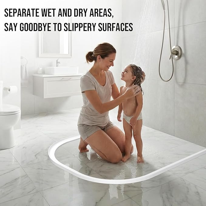 Shower Threshold Water Dam Barrier - Versatile, Silicone Shower Water Guard Stopper Seal Strip for Bathroom Floor, Bathtub Rim, Kitchen Countertop (White, 59 In/ 1.5M)