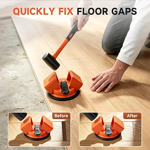 Floor Gap Fixer Tool with Mallet, 45° Impact Design Laminate Flooring Tools, Floor Suction Cup Tool for Gaps with Cleaning Scraper & 5 Sticky Pads for Laminate, Lvp, Vinyl Plank Flooring