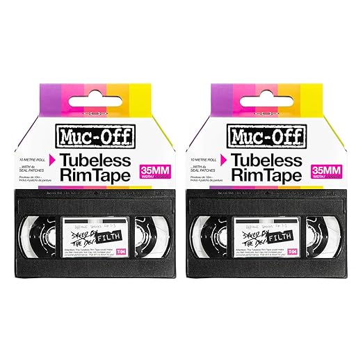 Muc-Off Tubeless Rim Tape 35mm (Pack of 2) - 10m Roll with 4X Seal Patches | Pressure-Sensitive Adhesive for Tubeless Bike Tyre Setups | Fits Road, CX, Gravel, MTB & Plus Rims