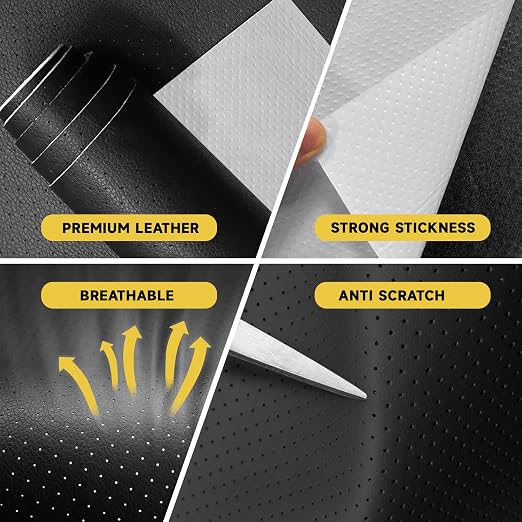 Leather Repair Patch, Breathable Perforated Strong Sticky Self Adhesive Repair Patch, DIY Leather Patches for Couches, Furniture, Sofa, Car, Chair (Black 17x60inch)