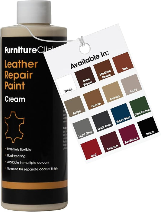 Furniture Clinic Leather Repair Paint | 2-in-1 Seal and Color | Use on Scratches, Tears, and Holes in Car Seats, Furniture | Quick and Easy Leather Repair Kit for Furniture (Cream, 500ml / 17oz)