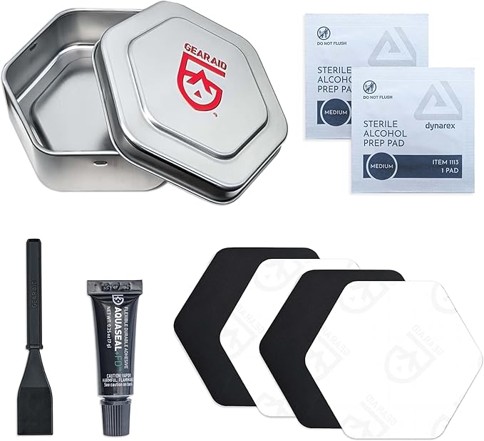 GEAR AID Aquaseal FD River & Sea Repair Kit – Waterproof 0.25 oz Adhesive with Four Tenacious Tape Hex Patches (2.5", Black and Clear) for Fixing Holes in Waders, Boots, Inflatables, and Outdoor Gear