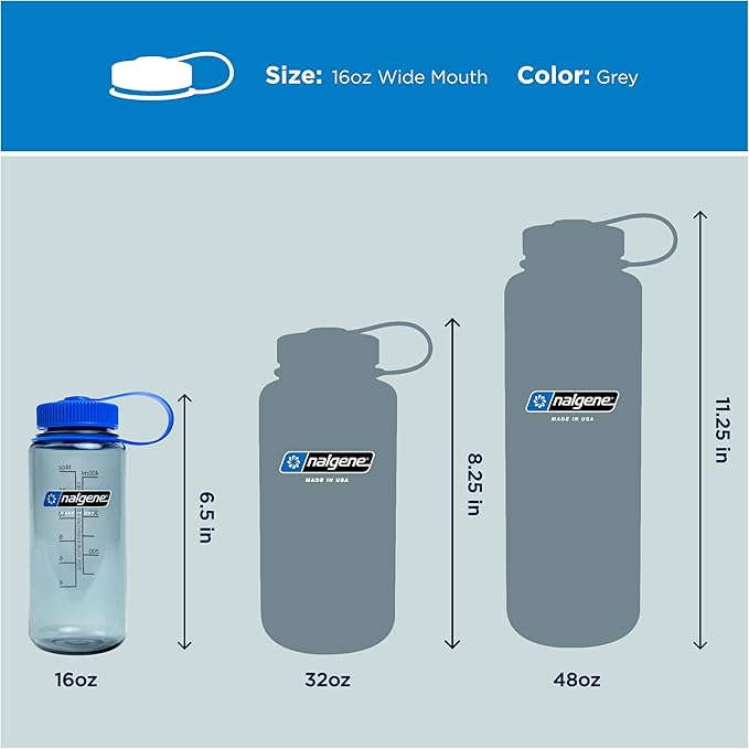 Nalgene 16 oz Wide Mouth Water Bottle | Slim Cup Holder Size, BPA-Free, Durable & Leak Proof, Lightweight Travel Bottle, Grey