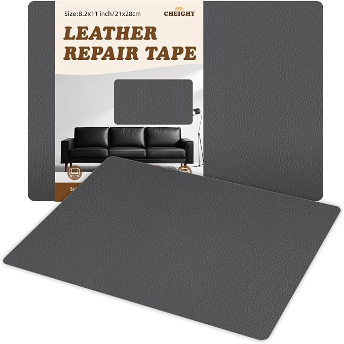 CHEIGHY 2pcs Self-Adhesive Leather Repair Kit for Furniture, Couches, Car Seats 8.2X11 Inch PU Vinyl Leather Patch Tape for Sofa, Office Chairs, Jackets (Dark Grey)