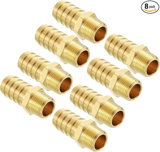 Pack of 8 Brass Hose Barb Fittings Adapter Connector 5/8" Hose Barb to 3/8" NPT Male Fittings for Home Machines, Massage Bathtubs, and Irrigation Systems