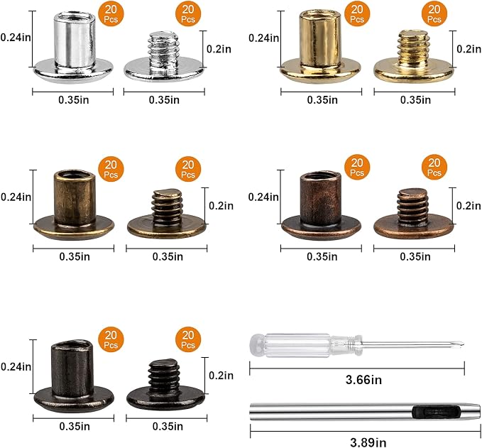 100 Sets Chicago Screws for Leather Crafting 7/20 Inch, 5 Colors of Rivets for Leather, Chicago Screws for DIY Leathercraft (Silver, Light Gold, Bronze, Antique Copper, GunMetel)