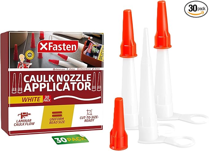 XFasten Caulking Tips 30-Pack - Reusable, Drip-Resistant Caulk Nozzle Tip Set with Sealing Caps, Cuttable Plastic Nozzles for Standard Caulking Tubes and Sausage Caulk Guns, Stops Drying, Easy to Use