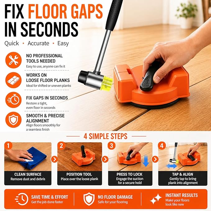 Floor Gap Fixer Tool for Laminate Flooring, Heavy Duty Floor Gap Repair Tool with Strong Suction Cup, Floor Gap Puller for Wood, Tile & Vinyl Floors, Includes Repair Accessories