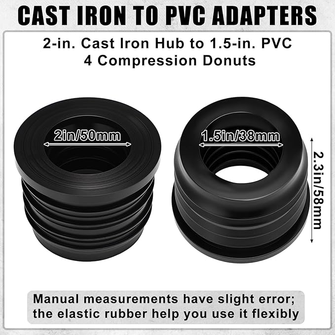 4 Pack 2'' to 1.5'' Cast Iron Hub to PVC Adapter Sewer Pipe Repair Kit Flexible Seal Fitting for Schedule Pipes Leak Resistant Corrosion Proof Durable