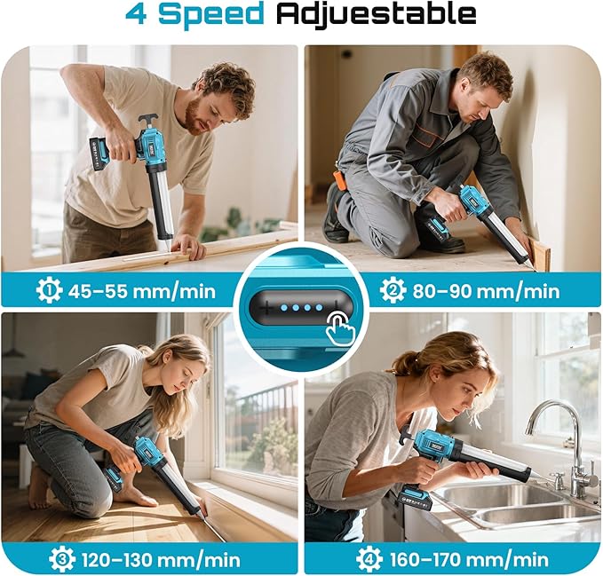 SEESII Cordless Caulking Gun, 21V Battery Powered Caulk Gun, Electric Caulking Gun w/2 x 2.0Ah Batteries, 9Pcs Caulk Remover Tool, LED Light, Auto Retract for Filling, Sealing