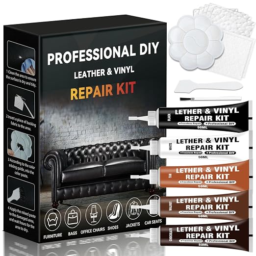 Leather Repair Kit for Furniture, Leather Seat Repair Kit for Cars, Vinyl Repair Kit for Sofa, Purse, Jacket, Restore Any Material, Fix Scratches, Tears, Holes with Easy Instructions, Match Any Color