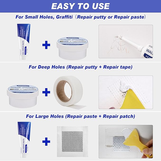 SEISSO Drywall Repair Kit, White- Wall Mending Agent 250 g* 2, Wall Repair Paste Plaster, 1 Pack Wall Putty, Repair Tape and Wall Repair Patch with 2inch 4inch, Quick Fill Crack and Nail Hole