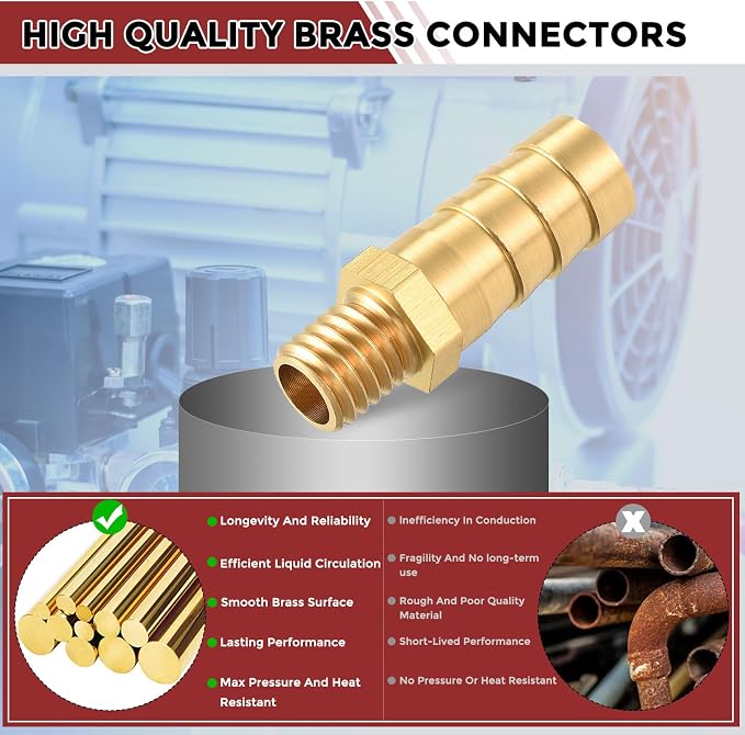 Pack of 10 Brass Hose Barb Fittings 10mm Hose Barb to M8x1.25 Male Fittings for Home Machines, Massage Bathtubs, and Irrigation Systems