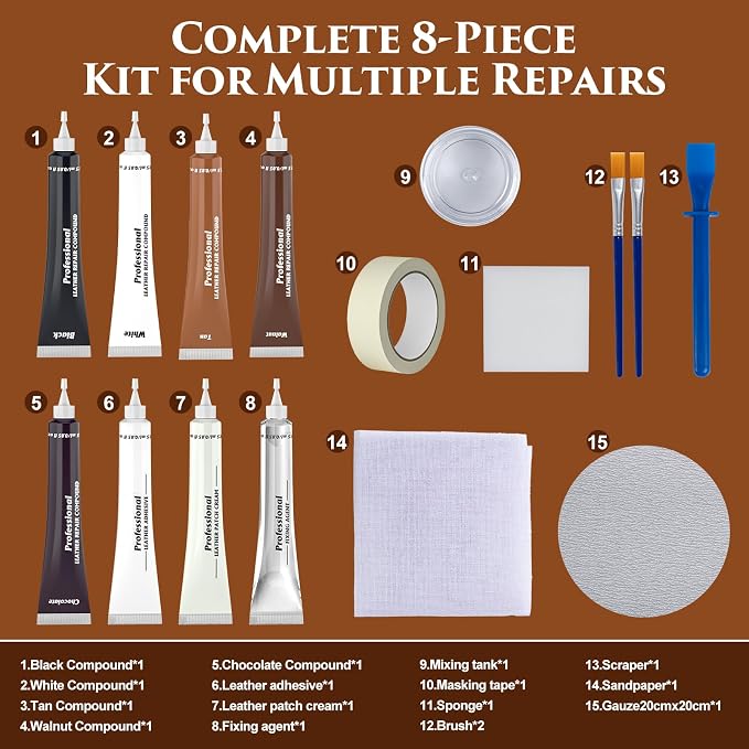 Leather Repair Kit for Furniture, Vinyl Repair Kit with Super Easy Instructions to Match Any Brown Color, Restore Any Glossy Leather Surface, Car Seats, Sofa, Jacket, and Purse