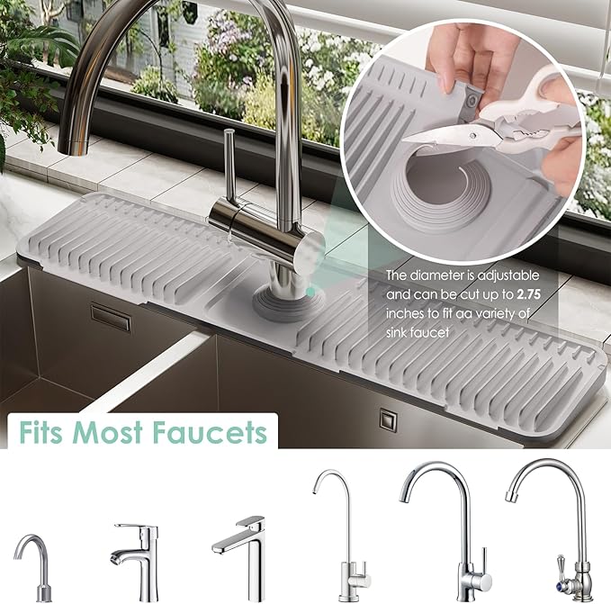 24 Inch Silicone Faucet Mat for Kitchen Sink Splash Guard - 7° Slope Water Draining Mat With Fasten Button for Bathroom Area (Gray, 24"x5.5")