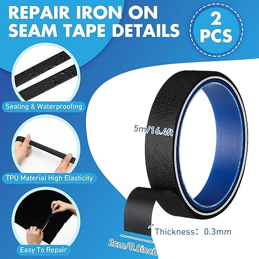 VioraWhite 2 Rolls Wetsuit Repair Iron On Seam Tape 0.8 Inch 16.4 Ft Waterproof Sealing Patch for Neoprene Wetsuit Drysuit Fishing Suits Industrial Standard Carrier Material Black Color