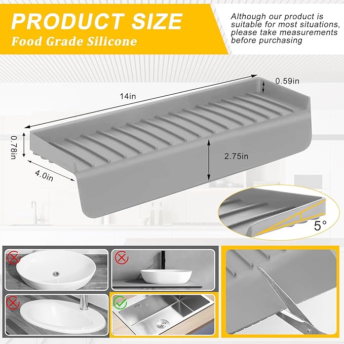 Silicone Sink Edge Protectors - Multifunction Accessories, Splash Guard & Draining Mat for Kitchen, Bathroom Sink, Steel, Granite, Quartz Countertops (Gray, 4 * 14in)