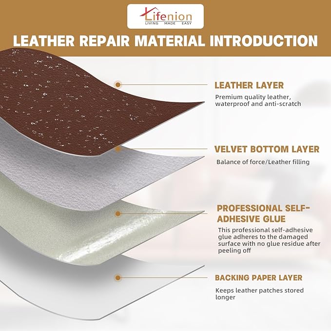 Lifenion Leather Repair Patch, Self Adhesive Leather Repair Tape, Large Vinyl Patch Kit for Couches, Sofa, Furniture, Car Seats, Office Chairs, Cabinets, Handbags（Brown, 3.5X79 Inch）
