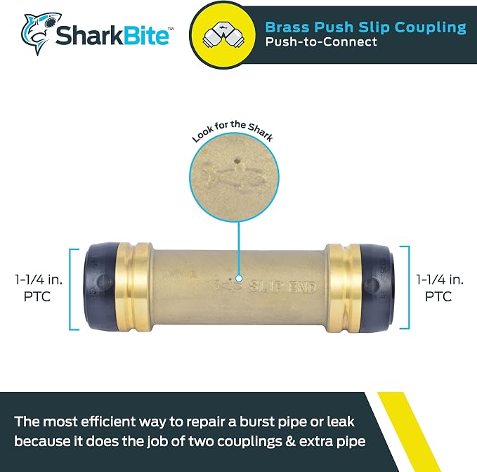 SharkBite 1-1/4 x 1-1/4 in Slip Coupling, Push-to-Connect Brass Plumbing Fitting, UXL0635