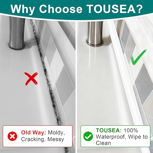 TOUSEA Professional Waterproof Caulk Strip - Self Adhesive White Sealing Tape for Toilet, Tub, Peel and Stick Backsplash Finisher - Renter Friendly, Easy Install (White-1.5IN-10.5FT-N01)