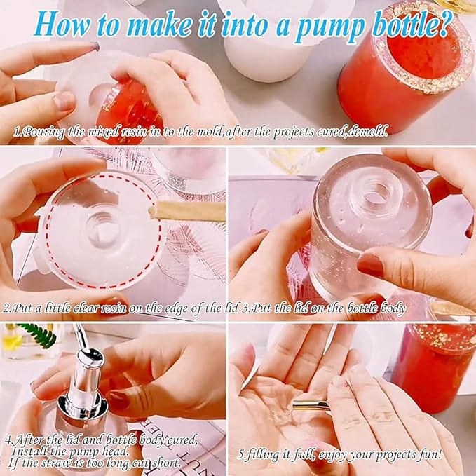 Pump Bottle Resin Mold,1 Set Bathroom Bottle Resin Mold+6 Pack Dispenser Pump,Pump Bottle for Storage Soap Lotions Hand Sanitizer and Creams, DIY Dispenser Pump Bottles for Kitchen, Home Decor