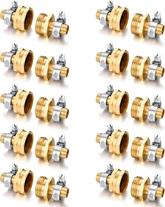 Garden Solid brass Hose Repair Connector with Clamps,Fit for Garden Hose Fitting,Male and Female Hose Fittings 10 Set (1/2"-10 Set)